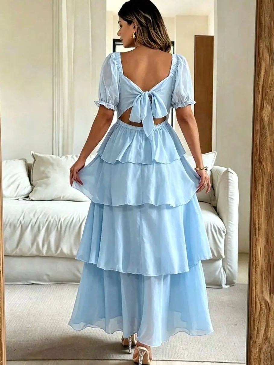 Plus Size Elegant Wedding Vacation Bridal Light Blue Summer Dress, Square Neck Bow Backless Layered Ruffle Butterfly Sleeve Tiered Maxi Long Dress