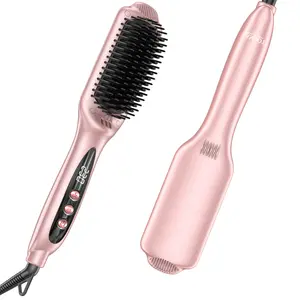 LANDOT Hair Straightener Brush Heated Straightening Brush: Rose Gold Negative Ion Hot Hair Brush for Smooth Frizz Free Hair - Ceramic Flat Iron Brush - Dual Voltage Fast Heating