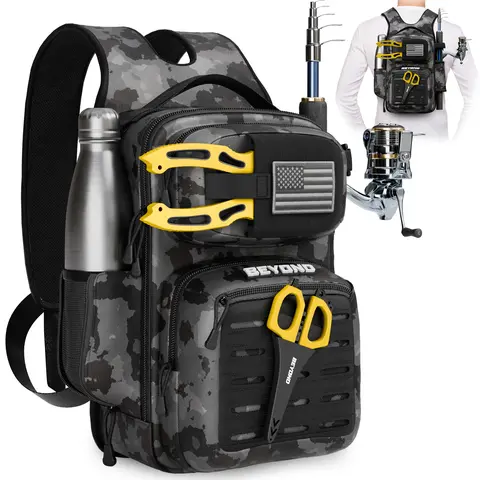 Beyond Braid Voyager 600D Polyester Fishing Tackle Bag - Unisex Compact Design, Portable Fishing Accessories, Adjustable Straps, American Flag Patch, All-in-1 Storage for Fishing Stuff, Optional Tackle Box Included