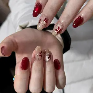 Short Oval Deep Red Hand-Painted Floral Press-On Glossy Fake Nails, French Style Elegant Retro Nail Art, Includes Jelly Glue and Nail File