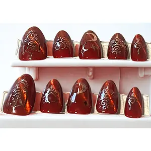 Handmade Acrylic Nail Art Decoration, Capricorn at Dawn Design, High Shine Finish, Red Velvet Cat Eye Style, Rose Gold Accent, Handmade Acrylic Nails