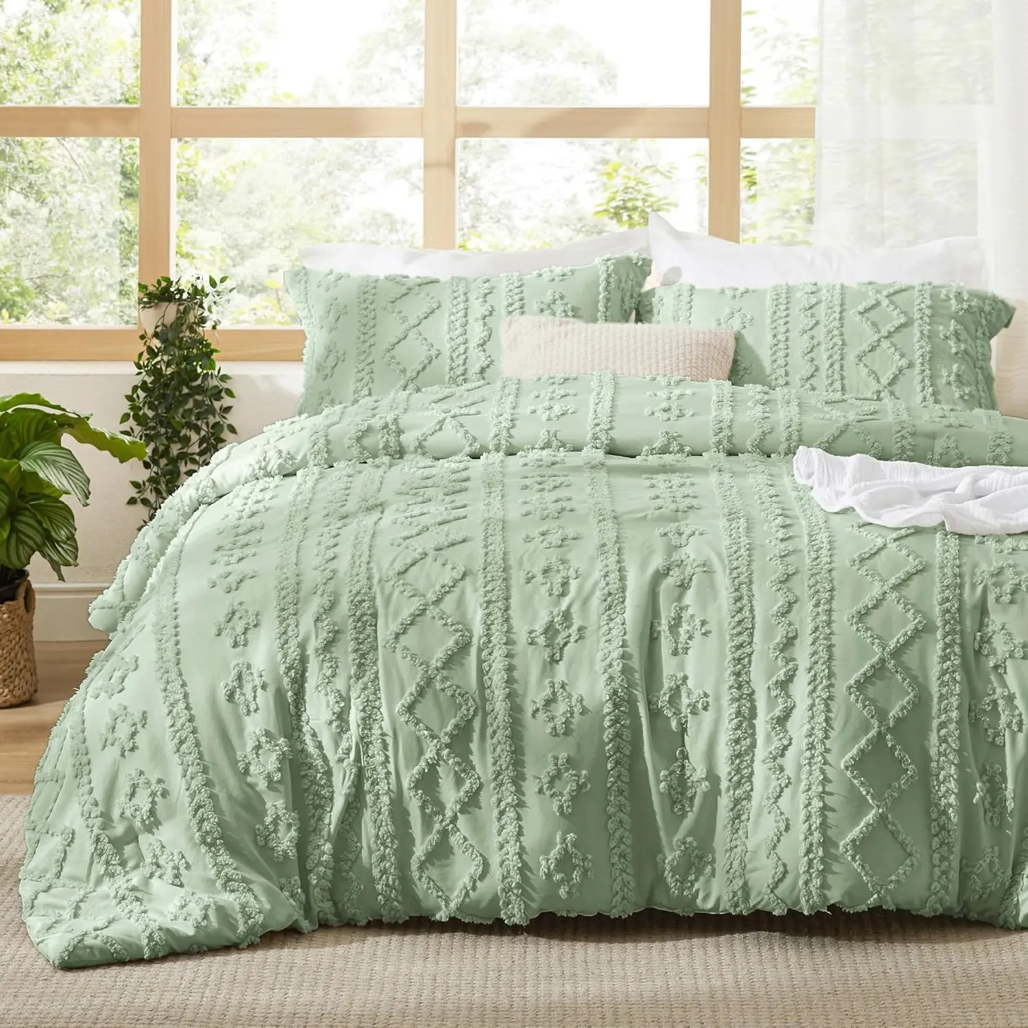 Twin Size Queen Boho Polyester Microfibre Comforter - Grey Tufted, 2 Farmhouse Embroidery, Striped Pattern, Breathable, Durable, Fade Resistant, Skin-Friendly, Machine Washable All-Season Bedding