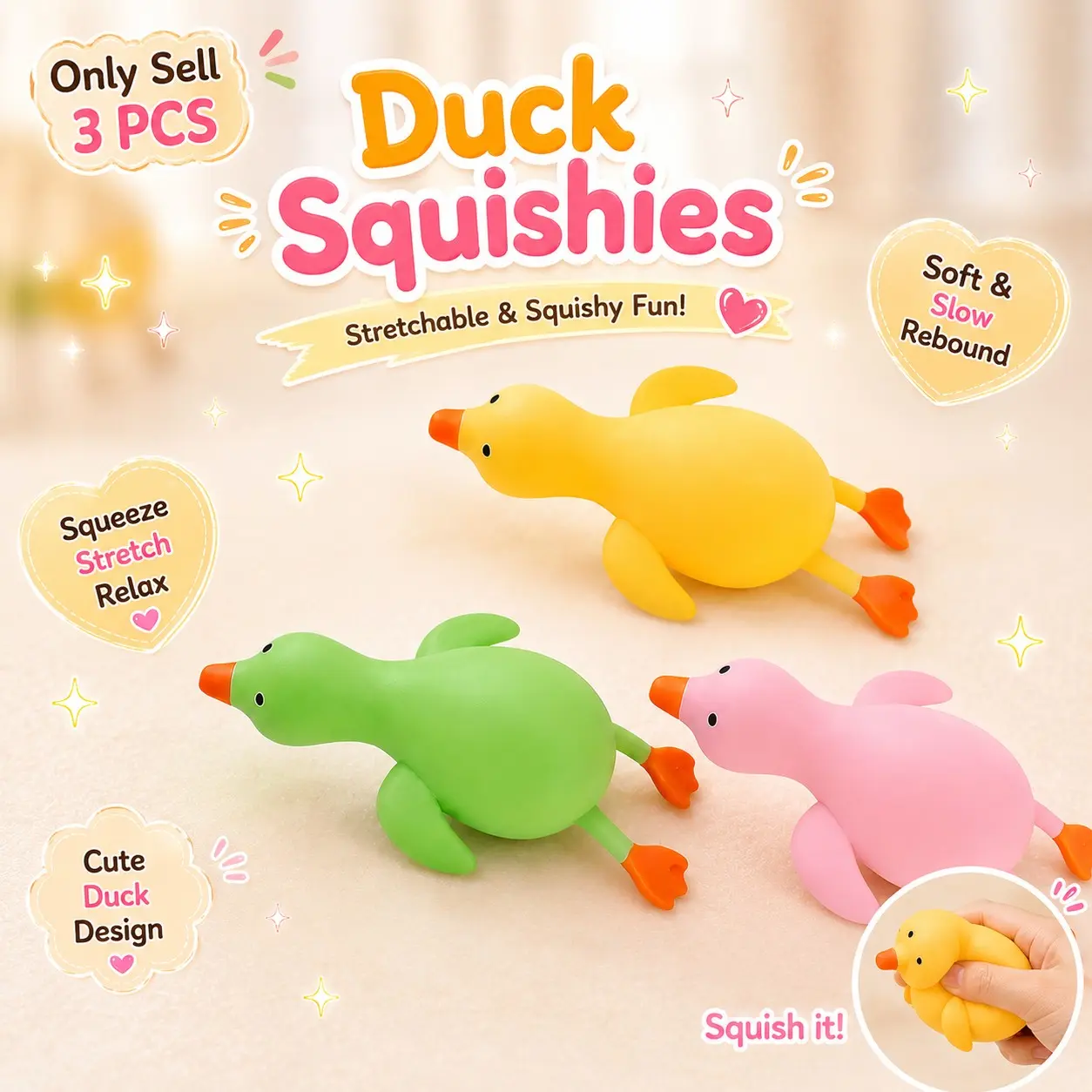 3PCS Duck Squish, Stretchable Stress Relief Duck Squishies Toy, Cute Squishy Slow Rebound Squeeze Fidget Toy, Soft Elastic Sensory Desk Toy for Home Office Classroom Travel Use