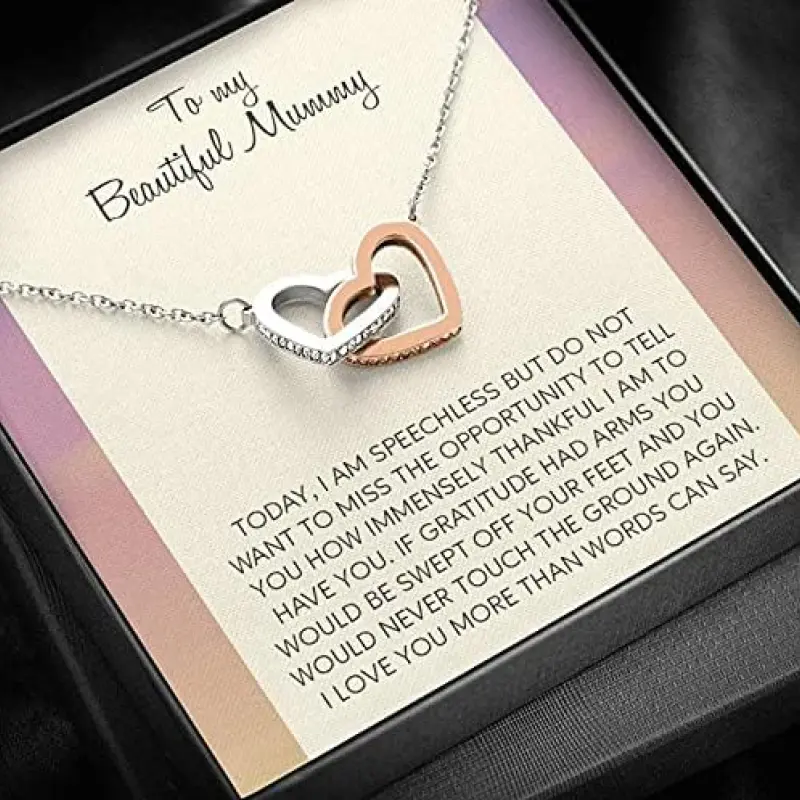 To My Beautiful Mummy Necklace, Adoptive Mom Gift, Adoption Gifts For Mom, Christmas Gift For Unbiological Mom, Gift From Adopted Child, Interlocking Heart Necklace I love you more than words can say. Necklace Jewelry With Meaningful Messages Card & Box