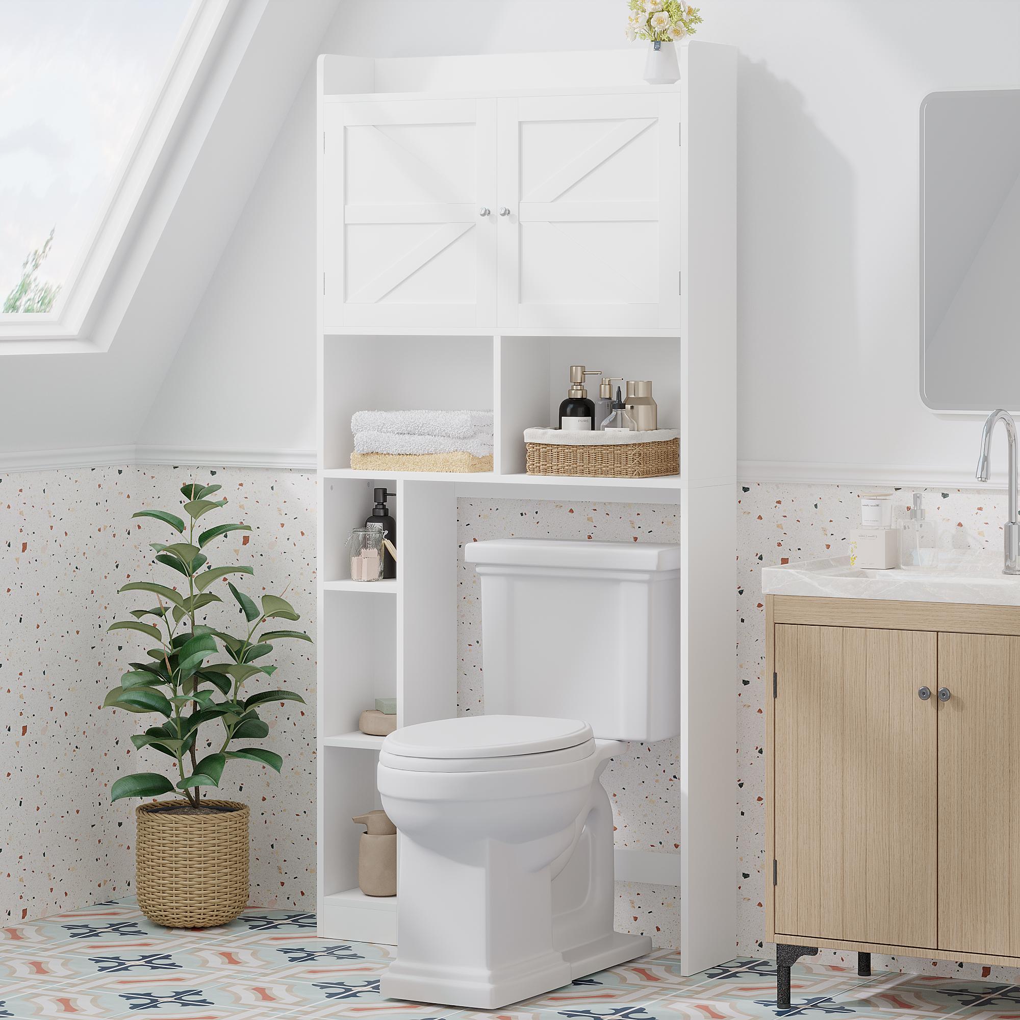 Over-The-Toilet Storage Cabinet with Adjustable Shelf, Bathroom Space Saver with Double Doors and Open Shelves, Freestanding Toilet Organizer Rack for Bathroom Storage – White Over-The-Toilet Storage Cabinet with Adjustable Shelf, Bathroom Space Saver with Double Doors and Open Shelves, Freestanding Toilet Organizer Rack for Bathroom Storage – White