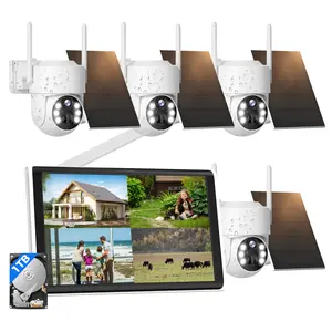 【 No Monthly Fee】Wireless Solar Camera System Outdoor,4MP Battery Operated Security Camera, Pan Tilt 360° View, PIR Motion Detection, Color Night Vision, 10'' LCD, IP66, 2-Way Audio