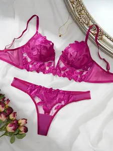 Women's Sweet, Stylish & Romantic Tulle Sheer Floral Embroidered Bra Set for Valentine's Day – Suitable for Holiday Wear