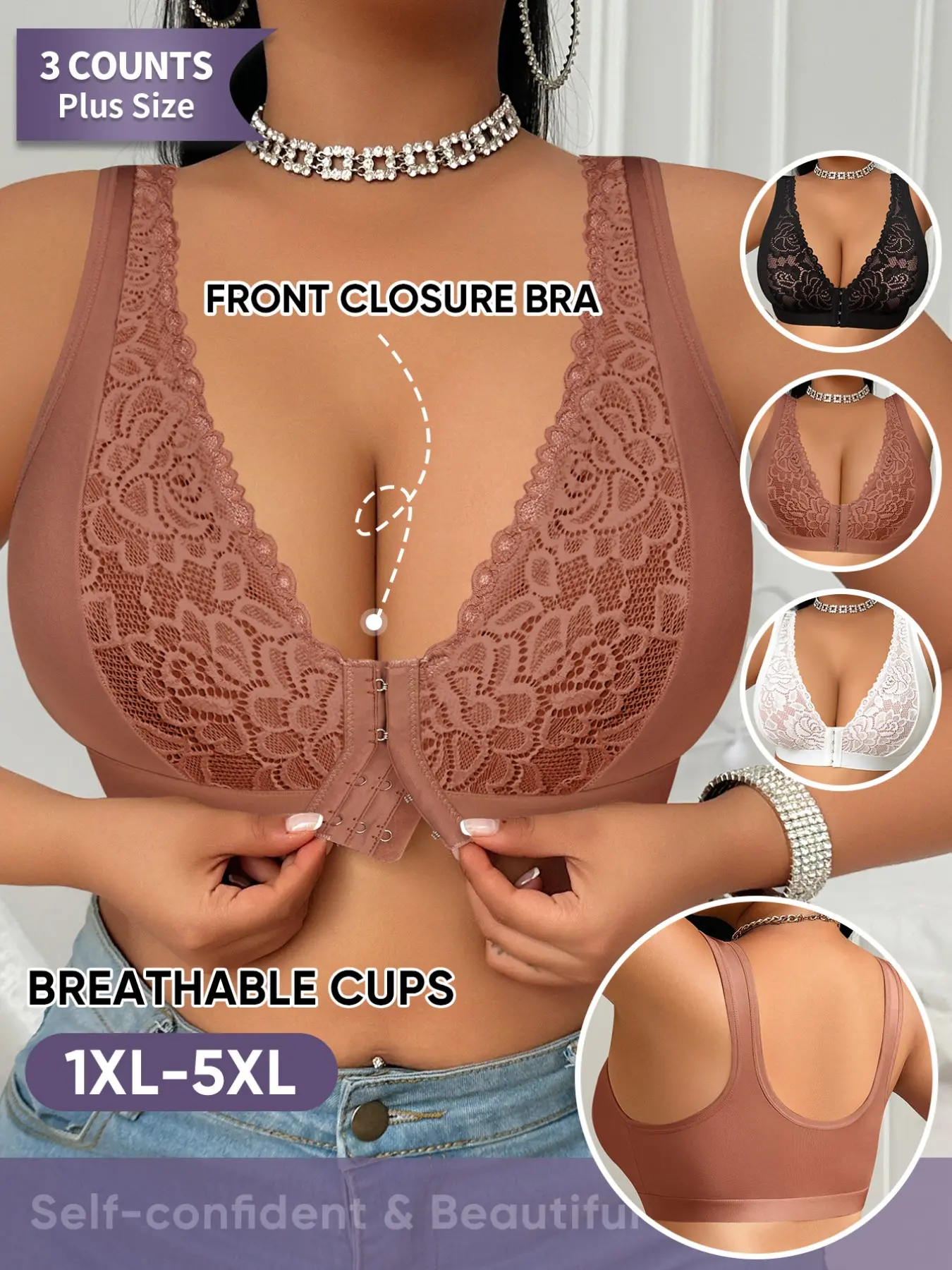 Morelect 3-Pack Plus Size Lace Bras, Front Buckle, Breathable Full Coverage, Push-Up, Sizes 1xl-5xl, Casual Lingerie for All Seasons