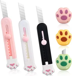 6 Pcs Cute Paw Box Cutter Kawaii Cat Retractable Letter Opener Adorable Tiny Paper Knives Mini Art Utility Knives Portable Carton Cardboard Cut with Hole Smooth Mechanism for Office Home