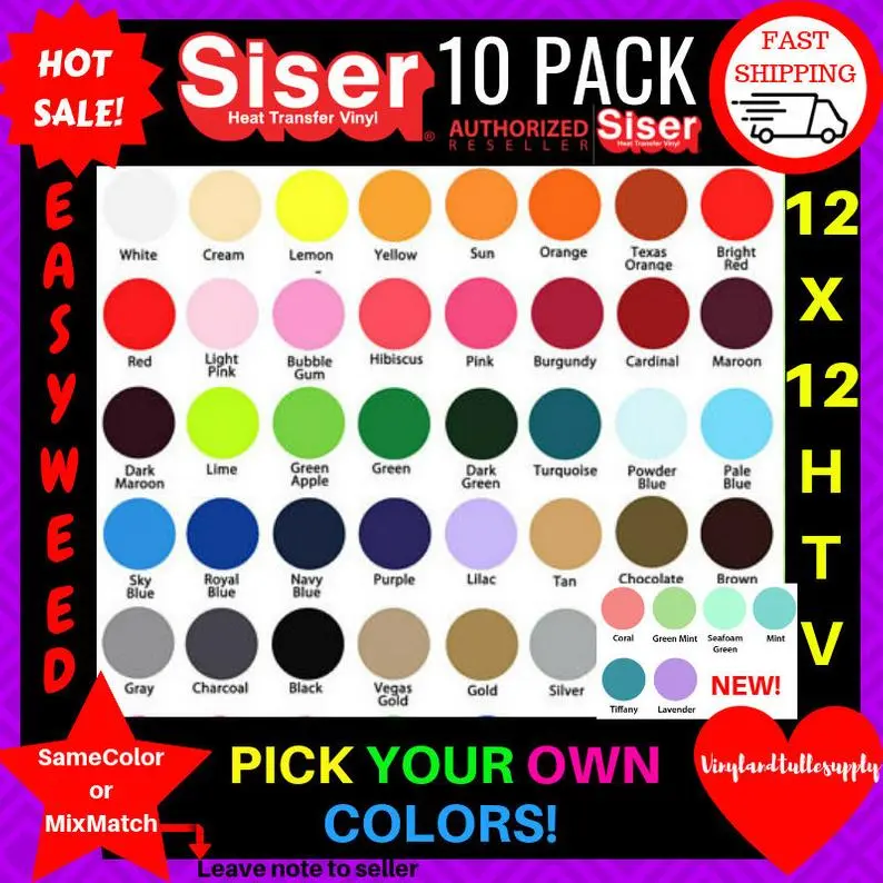 Siser EasyWeed HTV, 12"x12" 10-Sheet Pack, Cricut Crafting Vinyl for Cotton/Polyester Blends, Iron-Friendly, Normal-Dry Compatible, Durable DIY Specialty Supply