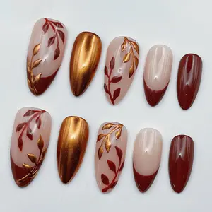 Autumn Fall Leaves Red Gold Metallic Press On Nails, Elegant Handmade Reusable Custom Fake Fingernails