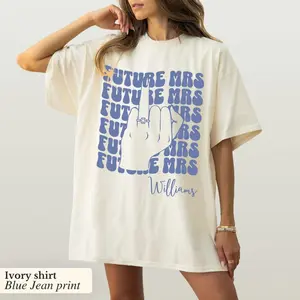 RodyThread Personalized Future Mrs Graphic T-Shirt for Bride to Be Women Retro Wavy Bachelorette Aesthetic Ivory Cotton Oversized Tee with Blue Jean Print Retro Bachelorette Bride Shirt Custom Bridal Custom Future Mrs Shirt Engagement Party Gift