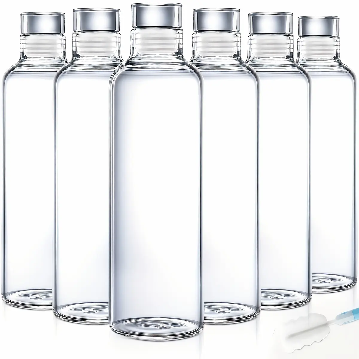 Set of 6 Glass Drinking Vessels, Crafted from High Borosilicate Glass, Reusable, 18-Ounce Juice Bottle with a Lid, Sports Water Bottle with a Protective Sleeve, And a Cleaning Brush