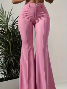 Women's Elegant Chic Fashion Solid Color High Waist Fitted Casual Flare Pants, Stylish Ladies' Long Flared Trousers for Daily Wear