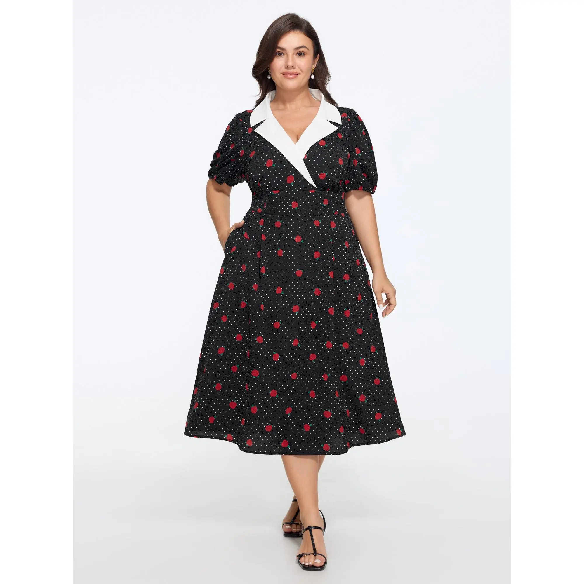 BLOOMCHIC Women's Plus Size Polyester Short-Sleeve Rose Dot Print Contrast Shirred Waist Casual Midi Dress - Smooth Garment [M-6X] 2026 Summer Finds