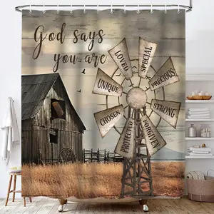 Western Barn Windmill Shower Curtain Sets for Bathroom,Rustic Inspirational Quotes Country Vintage Shower Curtains, Waterproof Farmhouse Bathroom Bathbub Decor Curtains with Hooks 70X70IN