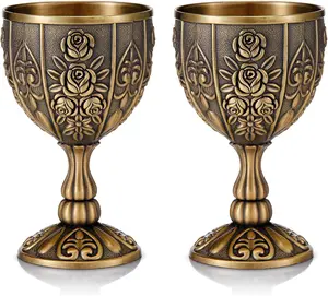 MorningRo 2 Pcs Vintage Chalice Goblet 3.4oz Easter Medieval Engraving Wine Liqueur Cup Bronze Royal Drinking Glasses Shot Vessel for Wedding Blessings Baptism Party Home Decor Gift