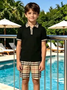Boys' Summer Plaid Short Sleeve Polo Shirts Set, Casual Breathable Family, Comfortable Kids Clothing for Daily Wear