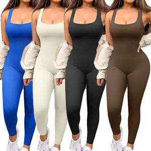 Women's Seamless Ribbed Yoga Jumpsuit Sleeveless U-Neck Sports Bodysuit High-Waisted Long Pants Athletic One-Piece Activewear for Gym Workout gymwear leisurewear