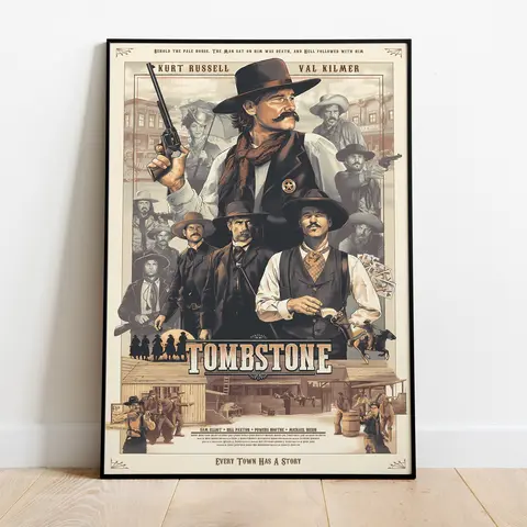 Custom Tombstone Poster Unframed Wall Art - Illustration of Classic Western Film Starring Kurt Russell and Val Kilmer gifts for him action movies