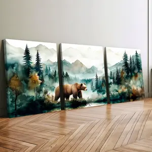 3-Piece Wood Framed Canvas Art Set, Ink Wash Style Mountain Forest Bear Nature Theme Posters, Modern Home Decor, High-Definition Print