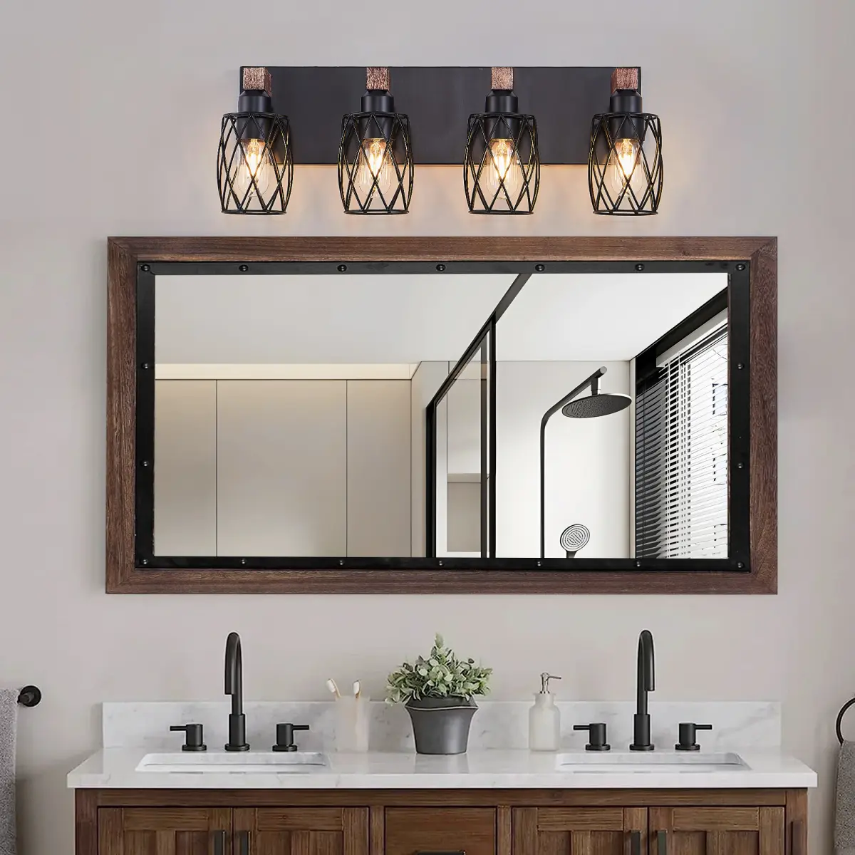 24" Industrial Vintage 4-Light Wall Sconce - Black Cage Wall Lighting Fixture with Wooden Accents for Bathroom, Hallway, or Living Room (Bulb Not Included)