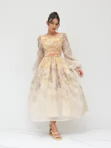 Cider Cotton Floral Pleated Maxi Dress