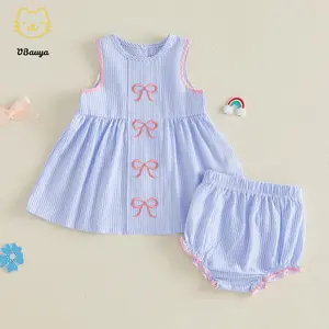 Summer Toddler Baby Girl Outfit Bow Embroidered Striped Sleeveless Ruffle Tops And Shorts 2 Piece Set