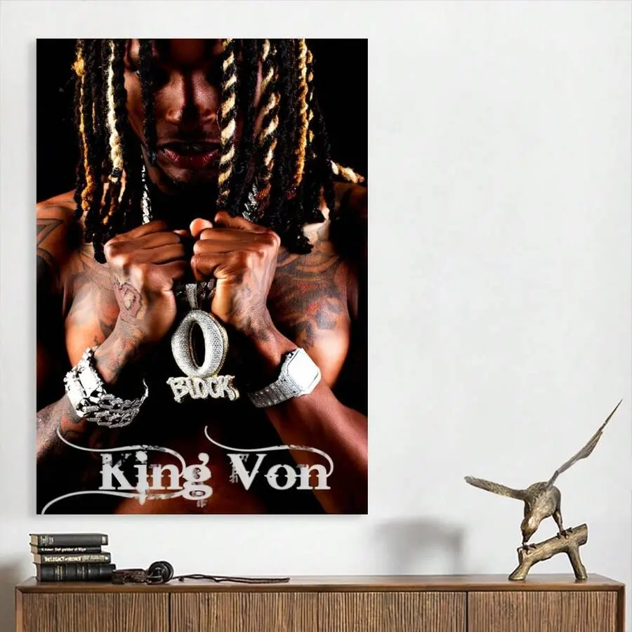 King Von Black & White Rap Canvas Poster Print - Lightweight Wood Framed or Unframed Hip Hop Rapper Wall Art, Artistic Hanging Decoration, Hip Hop Fan Gift for Bedroom Home Decor