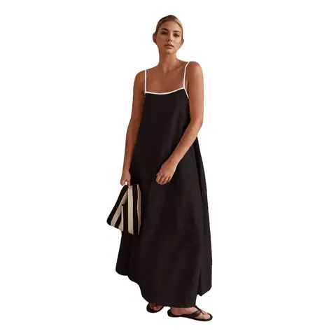 CHARTOU Women's Basic Cotton-Linen Spaghetti Strap Solid Color Loose Long Dress for Women - Khaki, Back Open, No Thin Shoulder Restrictions, Stylish Summer Casual Beach Sun Dress, Long Dresses For Women