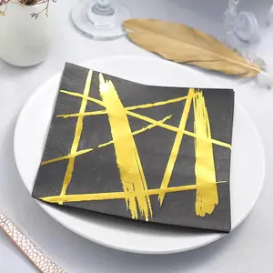 20-Pack Paper Dinner Napkins 3 Ply Metallic Gold Streak Design on Black - Disposable Wedding Cocktail Napkins