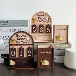 Wooden Reading Tracker Set, DIY Book Counting Display & Pen Holder, Desk Organizer, Office Decor, Gift for Readers, Teachers, Writers, Book Lovers