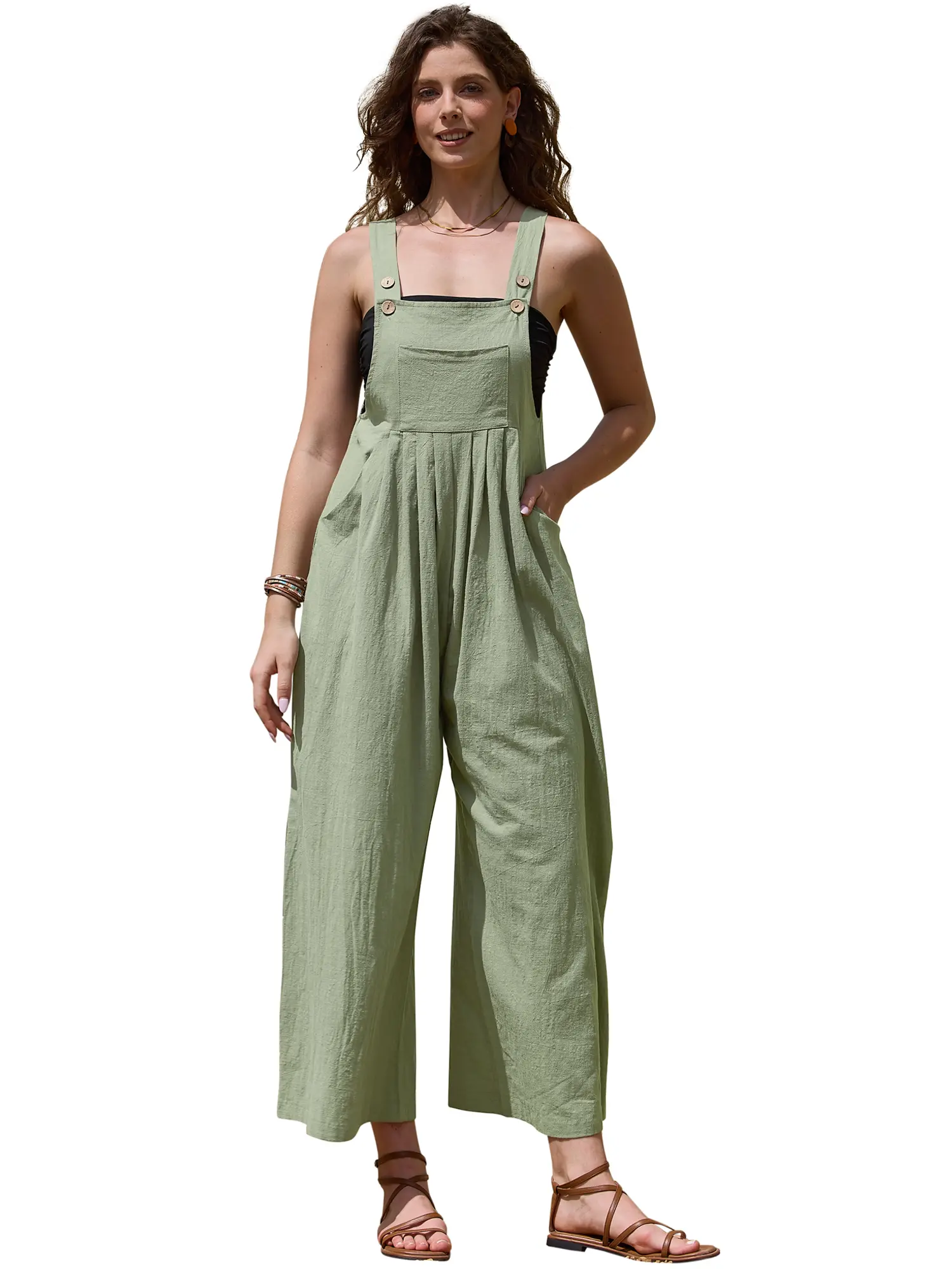 INSPIRE CHIC Women's Baggy Rompers Bib Jumpsuits Pleated Wide Leg Adjustable Straps Sleeveless Long Pants Overalls