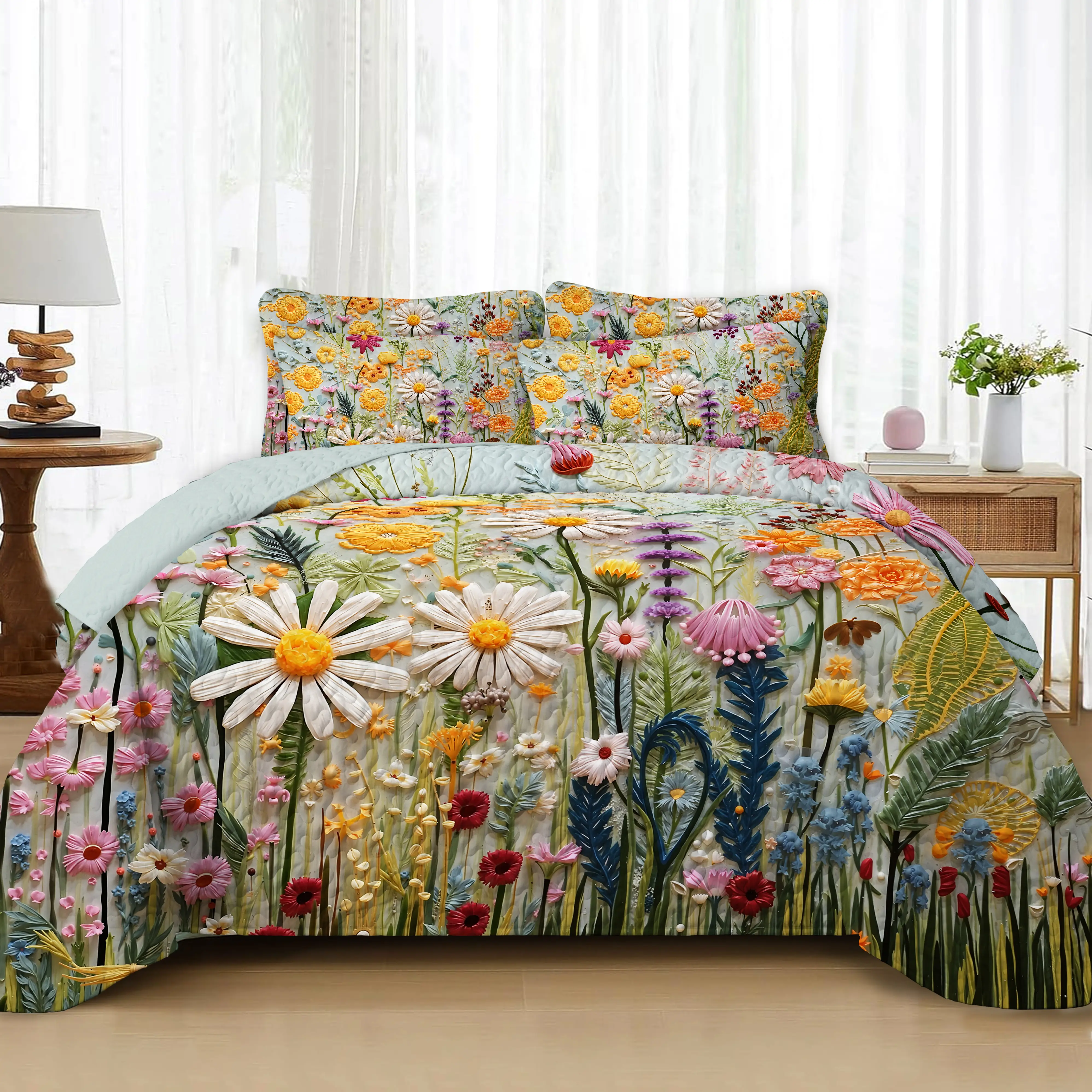 Bohemian-Style Lightweight Quilted Thin Quilt, Chrysanthemum Printed Bedspread, Floral Bedding Set (King/Queen Size with 2 Pillowcases; Twin Size with 1 Pillowcase) Soft and Comfortable, Suitable for All Seasons