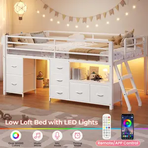 SIKAIC Twin Low Loft Bed with 7 Drawers, Metal Kids Bed Frame with Bookcase & LED Lights, White Space-Saving Bedroom Furniture