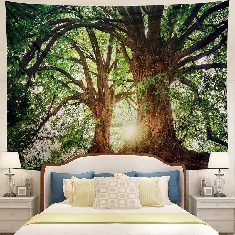 Dark Green Linen Forest Scenic Tapestry - Hangable 91(L)x71(W)in & 90x60in Size Decorative Backdrop Wall Hanging for Bedroom, Beach, Indoor-Outdoor Home Decor