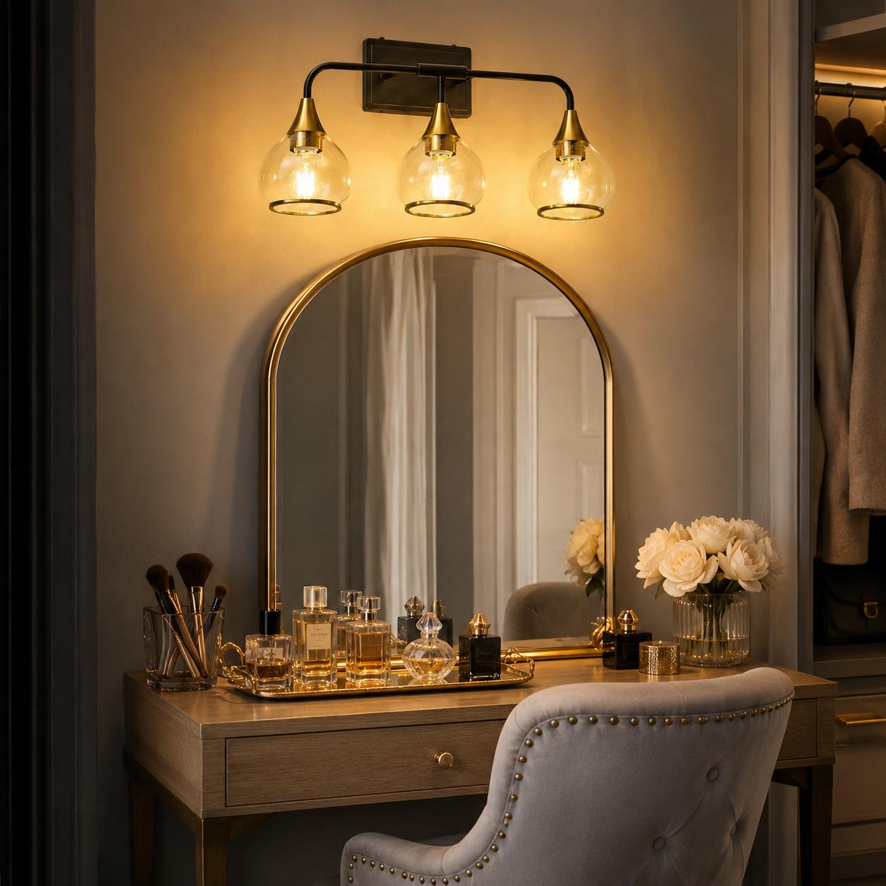 Black and Gold 3-Light Bathroom Vanity Light, 22.4 in Glass Metal Wall Sconce for Over Mirror, Indoor Bath Lighting Fixtures (E26 Bulb Excluded, Dimmable Switch Compatible)