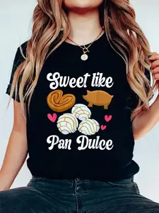 Sweet Pan Dulce Conchas Latina Mexican Mujer Concha Pastry T-Shirt  Print Cotton T-Shirt For Summer, Women's Soft Short Sleeve Top, Stylish Comfy Tee For Women Graphic Tees