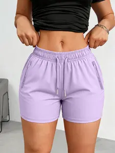 Women's Ice Silk Athleisure Shorts Quick-Dry Letter Print Running Fitness Casual Wear Zipper Pocket Multi-Color Options, Breathable Fitted Shorts