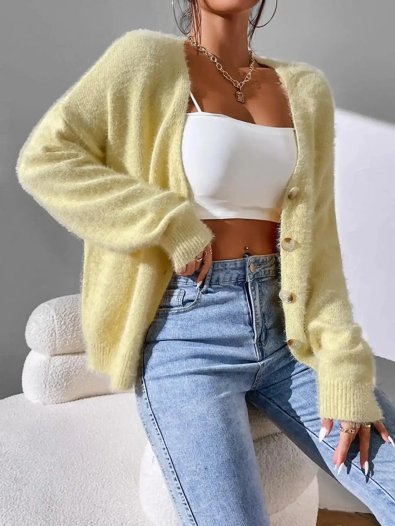 Women's Fluffy Striped Knit Cardigan with V-Neck Button-Down Wrap Design, Long Sleeve Layering Essential Fall Winter Knitwear, Textured Elegance Cozy Sophistication Lounge Essential
