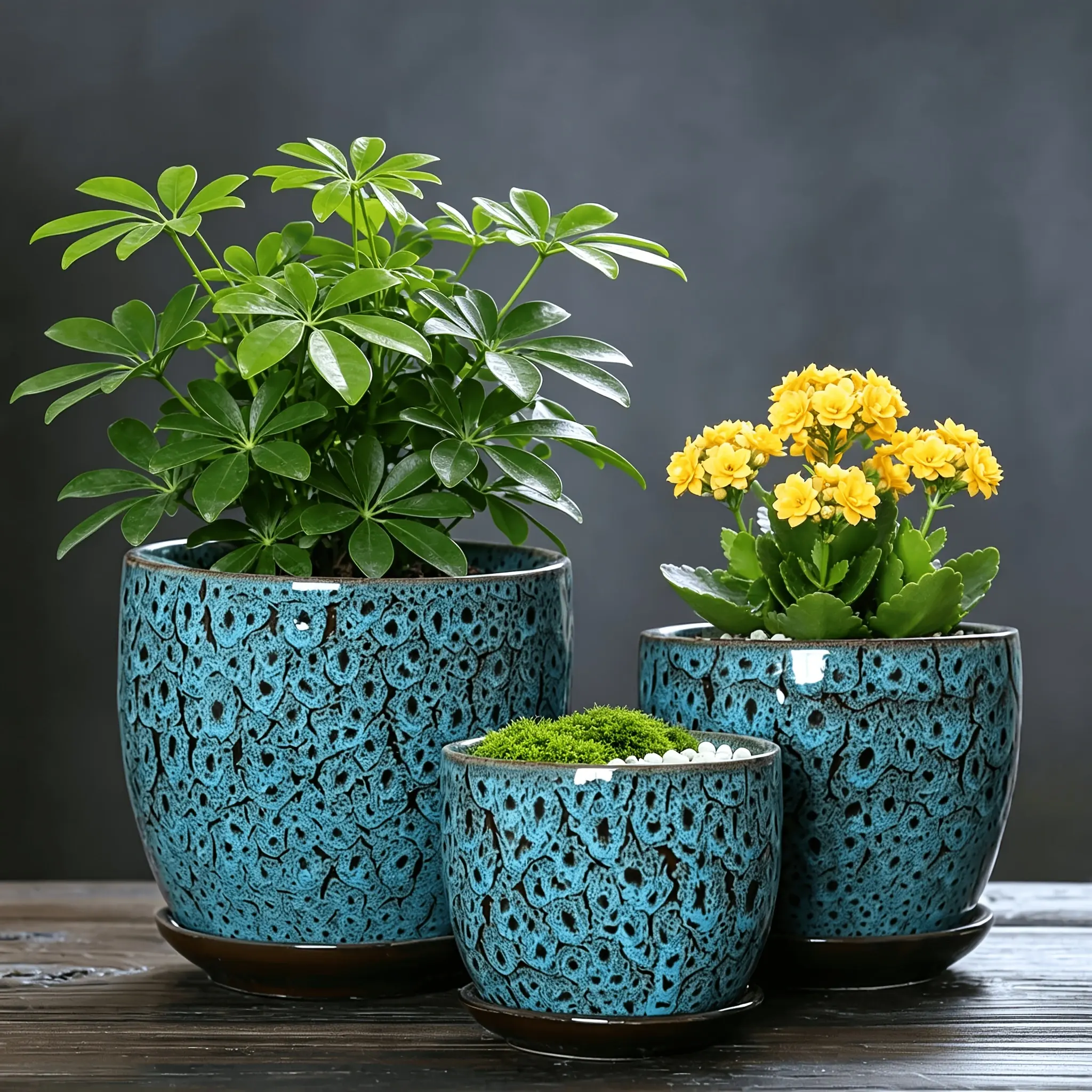 Set of 3 Teal Mottled Ceramic Plant Pots With Matching Saucers, Large Medium Small Planters With Drainage Hole, Decor For Indoor Desktop, Balcony And Patio, Great Gift For Plant Lovers. Plants NOT Included.