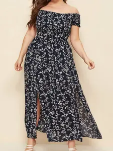 Women's Off-Shoulder Dress, Plus Size Floral Print Frill Design, Elegant Casual Wear, Perfect for Daily
