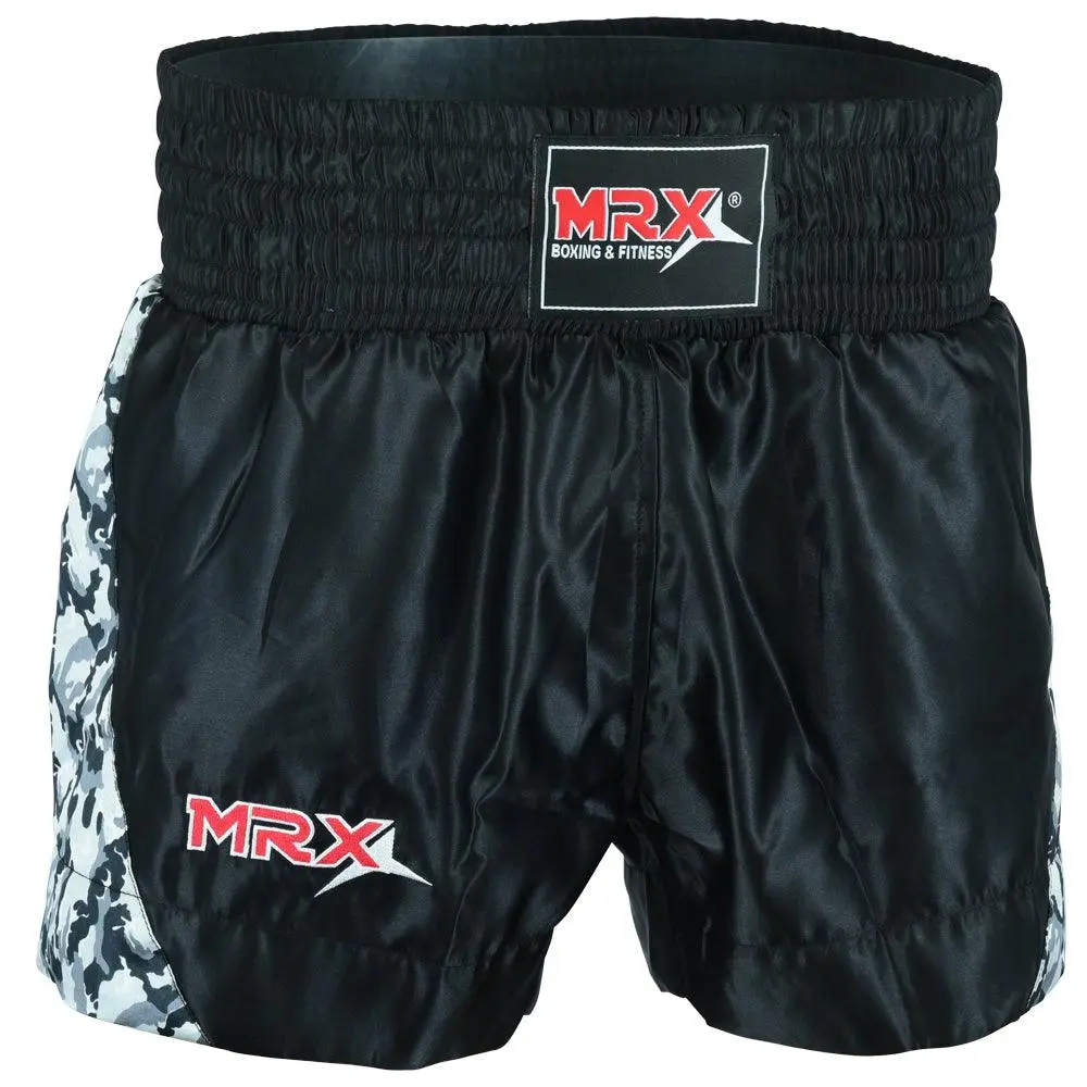 MRX Muay Thai Shorts for Men & Women 1306 - Black & Grey Micro-Fabric Stretch Panels with MRX Logo & Durable T3 Stitching for Training, Fitness Shorts, Athletic Shorts Women
