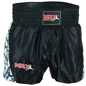 MRX Muay Thai Shorts for Men & Women 1306 - Black & Grey Micro-Fabric Stretch Panels with MRX Logo & Durable T3 Stitching for Training