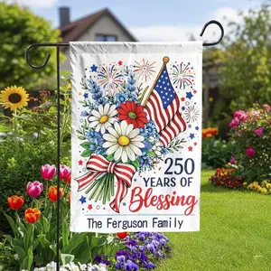 Personalized 250th Anniversary Garden Flag _ Custom Family Name with American Flag Floral _ Double Sided Polyester _ Patriotic Yard Decor Gift for 4th of July