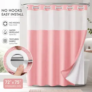 Pink Hookless Shower Curtain 72x75 Inch, No Hook Waffle Textured Fabric Shower Curtain, Water Repellent Easy Install Bathroom Curtain