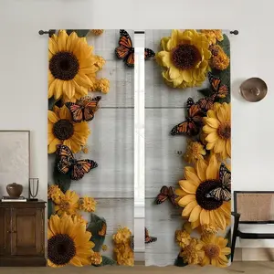 Sunflower Butterfly Print Curtains Set, Stylish Rod Pocket Window Drapes for Bedroom & Living Room, Comfortable Atmosphere, Easy Installation
