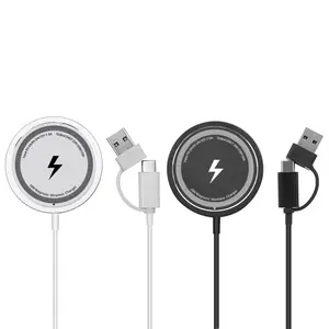 3-Foot Cord Magnetic Wireless Charger Compatible with iPhone, 15W Wireless Fast Charging, 2-in-1 Port, Black and White