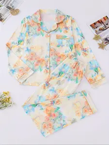 Women's Fall Winter Sleepwear Set, Casual Fitted Long Sleeve Button-Up Top & Elastic Pants, Christmas Party, Home Wear