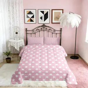 Polka Dots Comforter Set,Cartoon French Style Princess Pink White Bedding Set for Girls,Modern Geometric Circles Abstract Simple Art Comforter